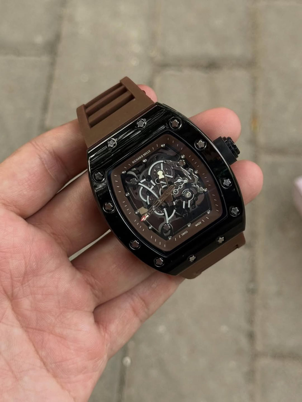 Richard Mille Luxury Skeleton Dial Watch for Men | Brown Strap Designer Timepiece