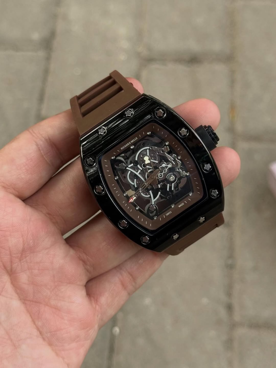 Richard Mille Luxury Skeleton Dial Watch for Men | Brown Strap Designer Timepiece