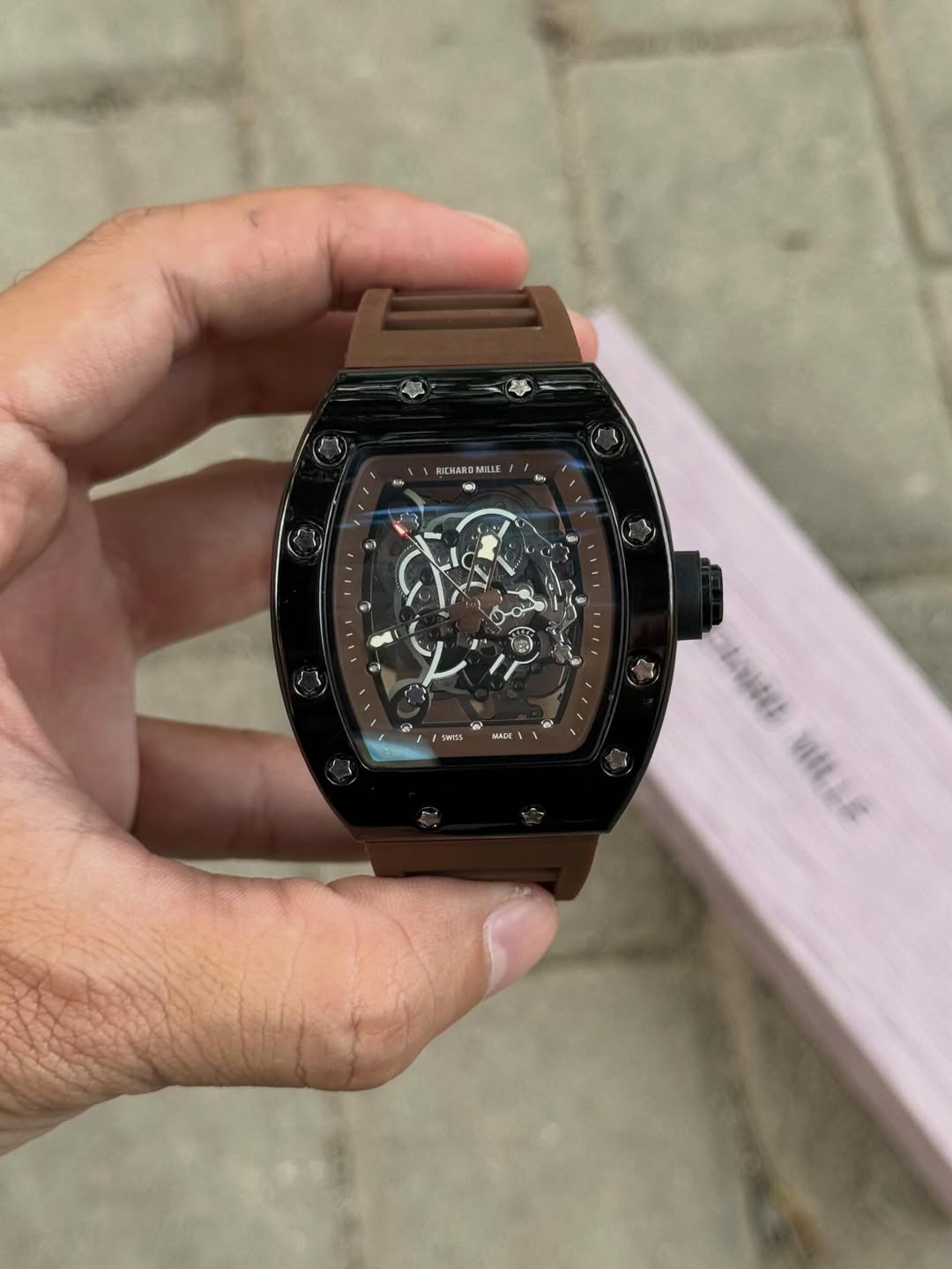 Richard Mille Luxury Skeleton Dial Watch for Men | Brown Strap Designer Timepiece