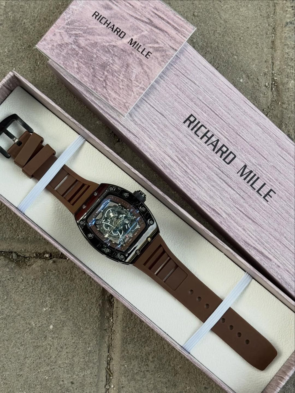 Richard Mille Luxury Skeleton Dial Watch for Men | Brown Strap Designer Timepiece