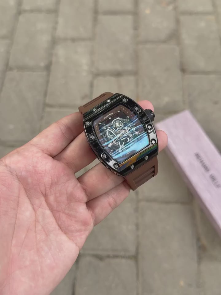 Richard Mille Luxury Skeleton Dial Watch for Men | Brown Strap Designer Timepiece